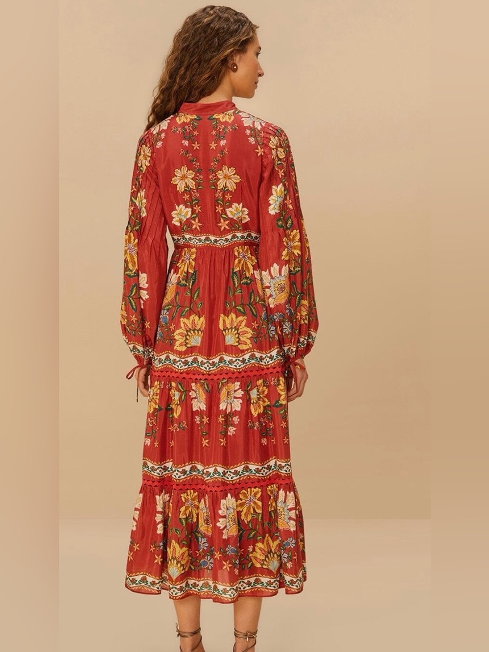 Farm Rio Red Garden Delight Long Sleeve Midi Dress size M runs small - Picture 4 of 13